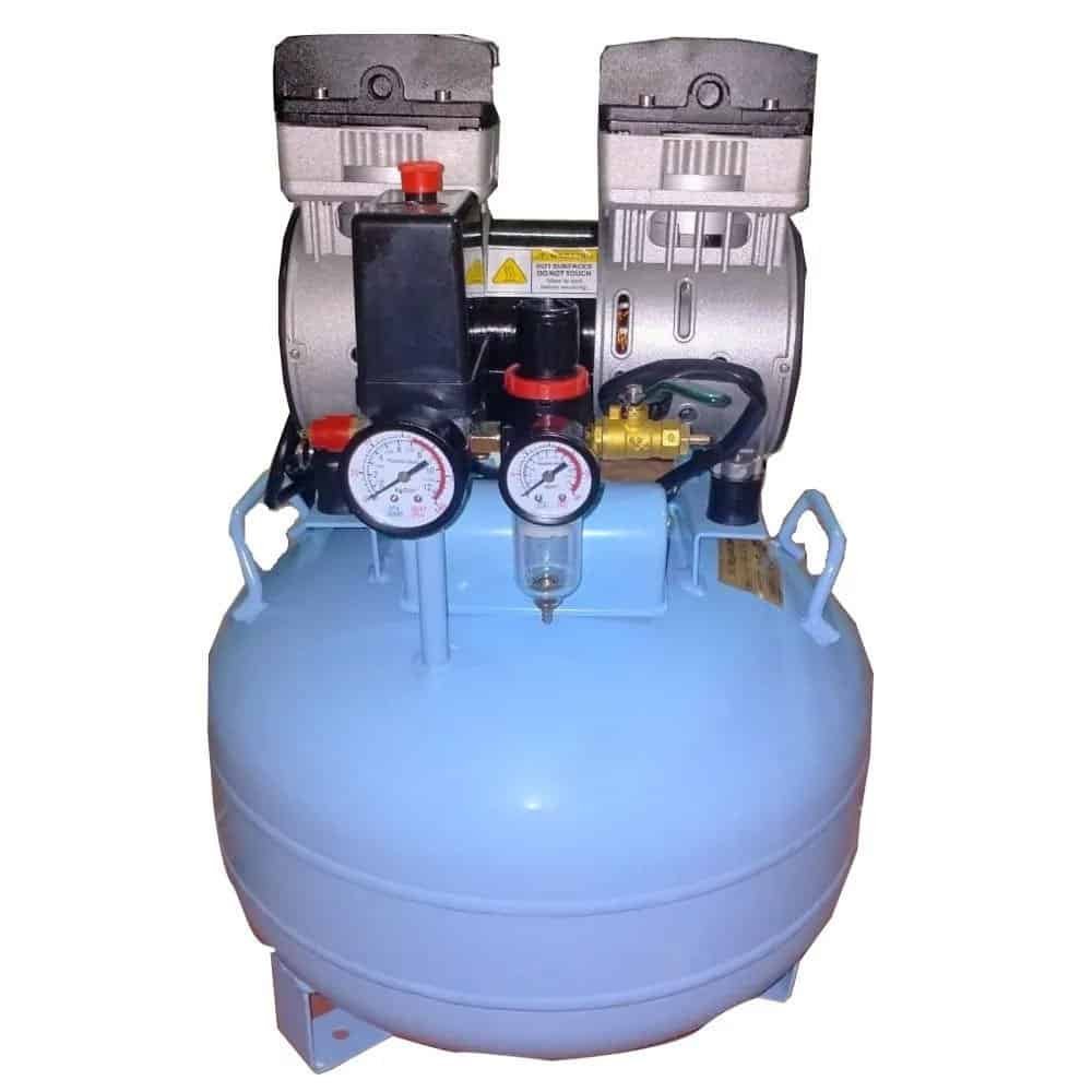 Compact dental air compressor with tank and pressure gauges
