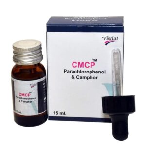 Parachlorophenol and Camphor dental medication in bottle and box for oral health treatment.